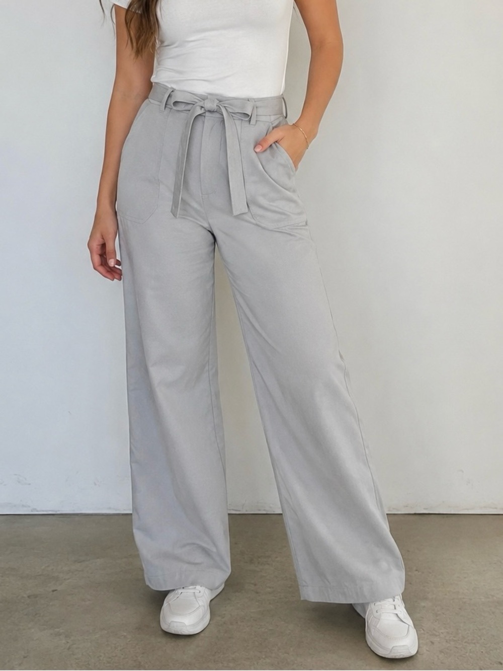 Kut from the Kloth Light Cream High-Rise Wide Leg Tie-Waist Pants